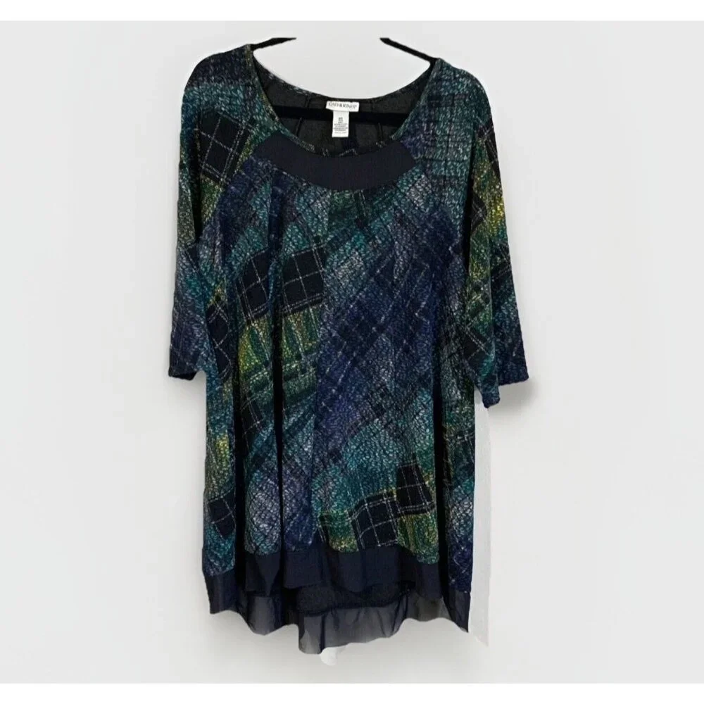 Catherines Black Mixed Plaid Top Womens 0X Bottom Sheer Neck Shirttail Whimsgoth